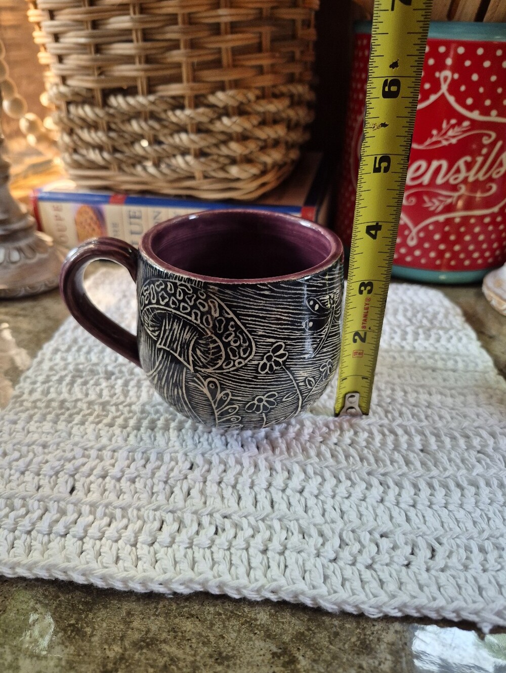 New Sgraffito Mushroom Floral Design Plum-Purple Glazed Handcrafted Signed Mug - Picture 8 of 8